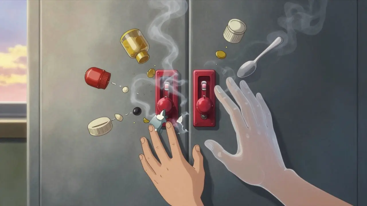 A locked medicine cabinet glows with red locks as floating items dissolve into smoke, symbolizing prevention.