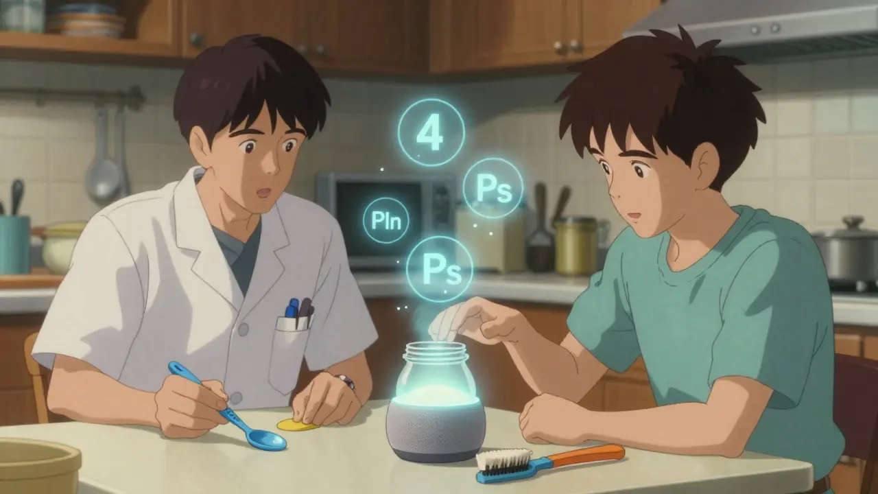 A patient and therapist using adaptive tools at a kitchen counter, with floating icons representing pacing and planning strategies.