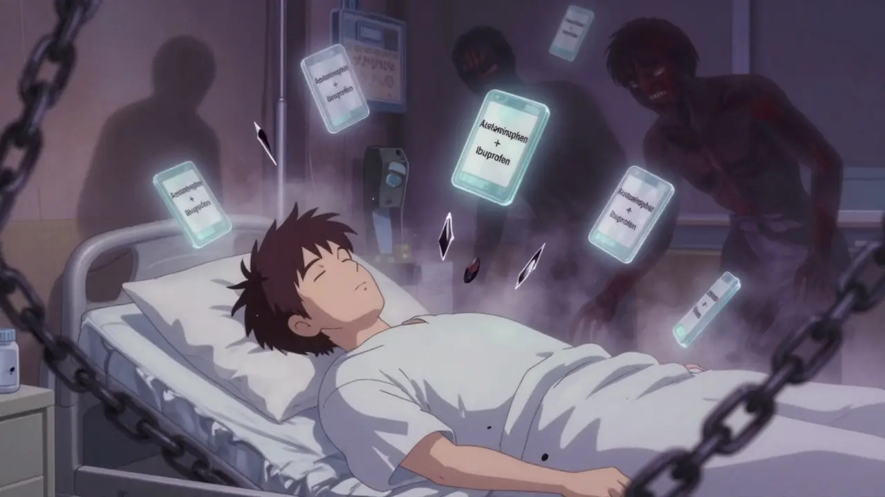 A patient surrounded by floating pain-relief tablets as shadowy pain elements dissolve around them.