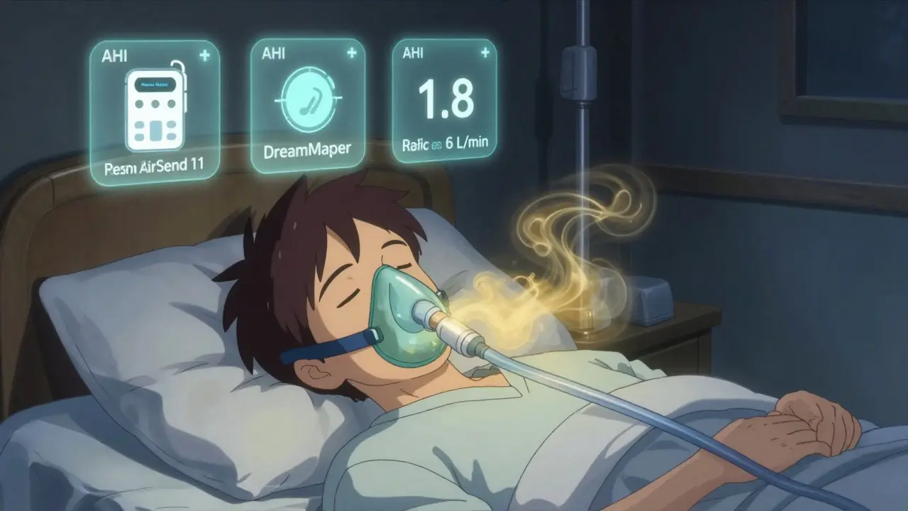 A person sleeps peacefully with a full-face CPAP mask, warm mist curling around them as glowing health metrics float gently above the bed.