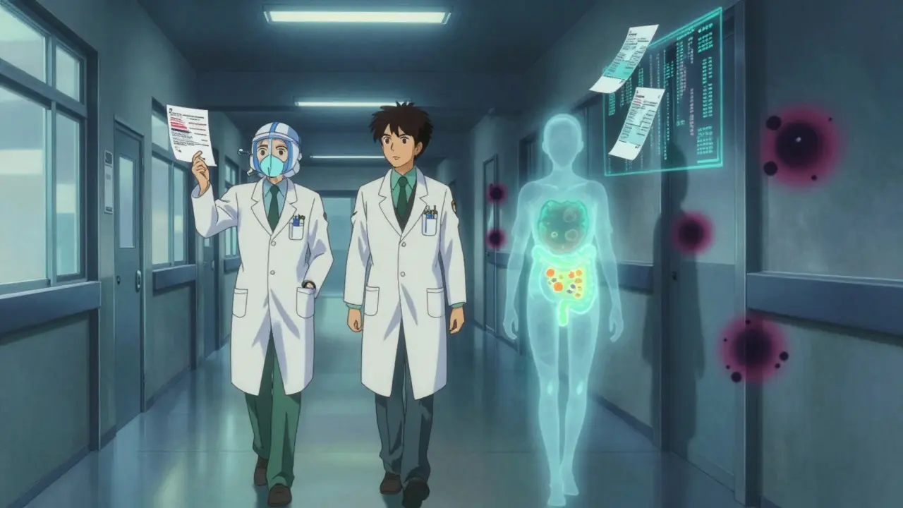 A pharmacist and doctor walk through a hospital hallway, rewriting antibiotic prescriptions with ghostly hands.