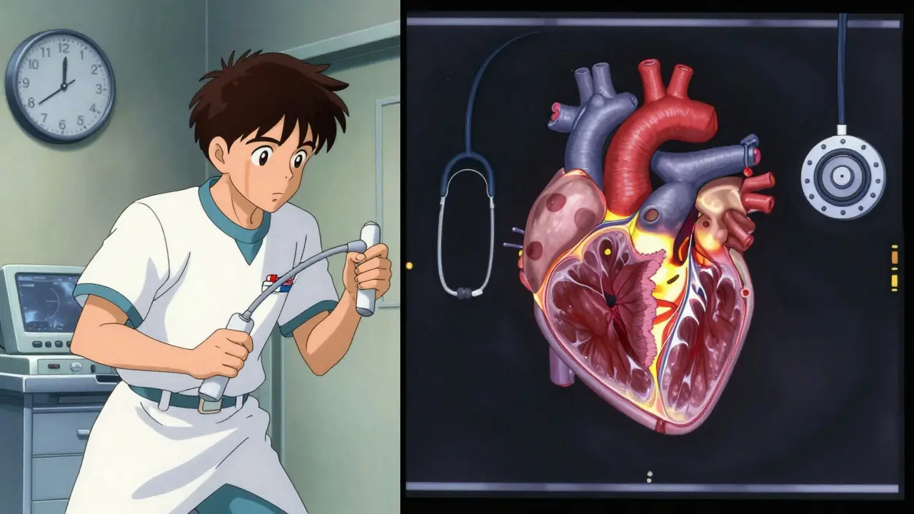 A split scene contrasts rapid echocardiography with detailed cardiac MRI, symbolizing speed versus precision in heart diagnosis.