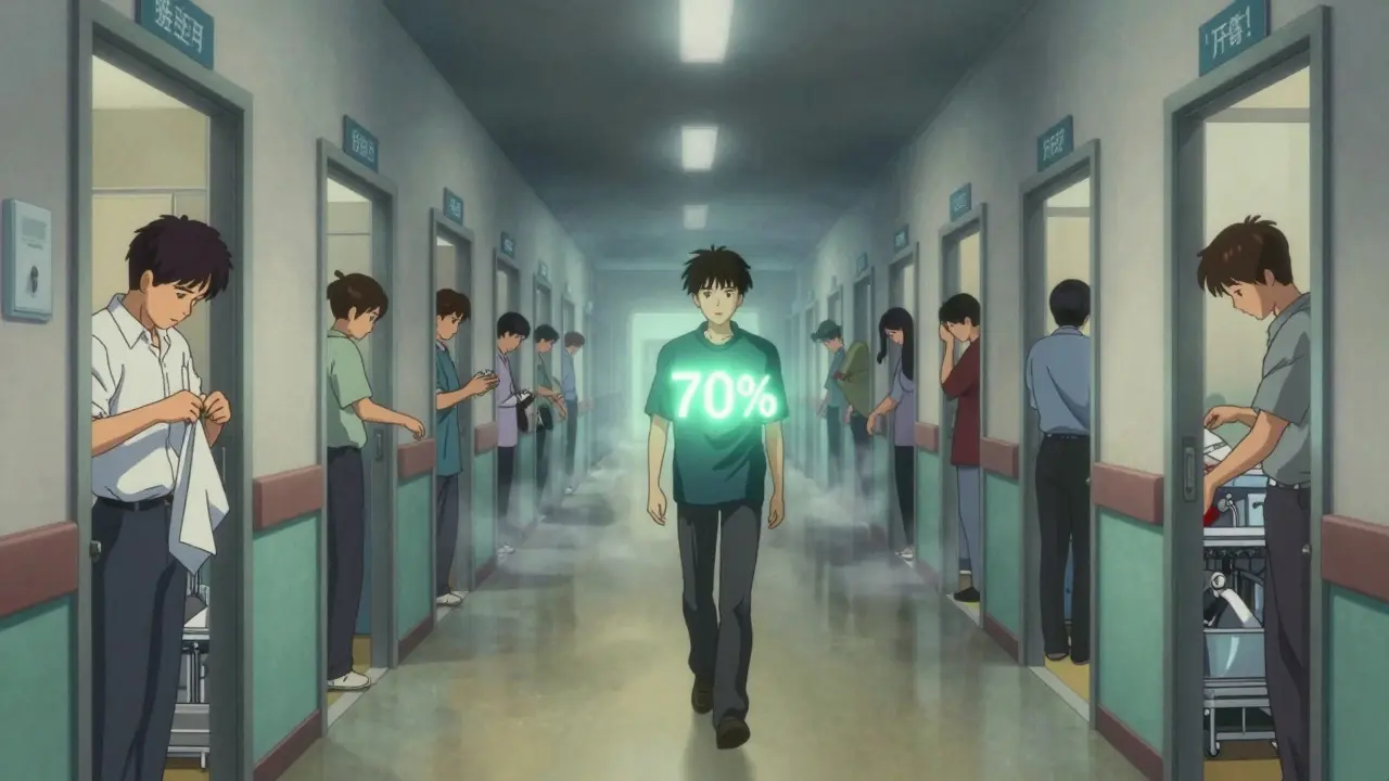 A surreal hallway of daily tasks with doors slightly open, showing people succeeding in rehab, while a figure walks forward with a glowing 70% effort meter.