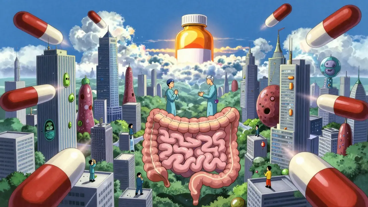 A surreal human intestine city under siege by antibiotic missiles, with tiny humans pleading for change.