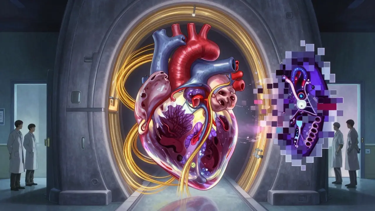 A transparent heart is scanned by magnetic fields revealing scar tissue in a surreal, glowing MRI environment.