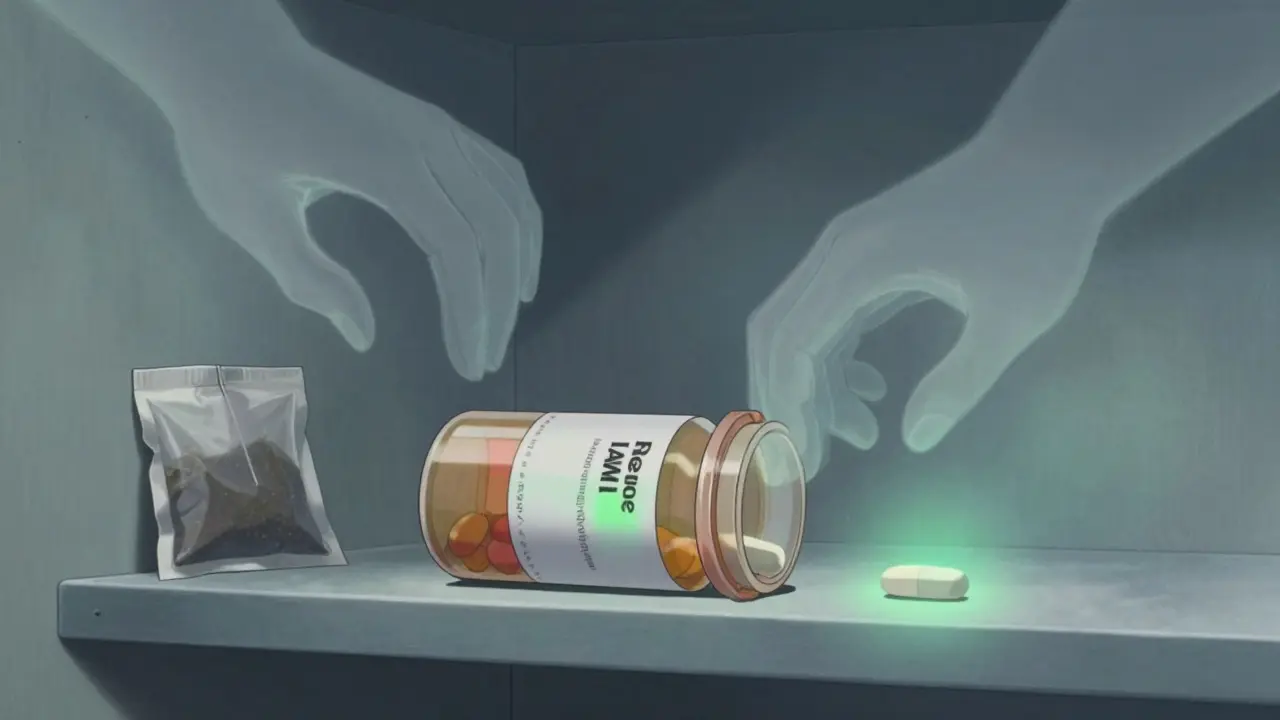 An empty pill bottle being crushed by ghostly humidity hands, with a fading moisture indicator.
