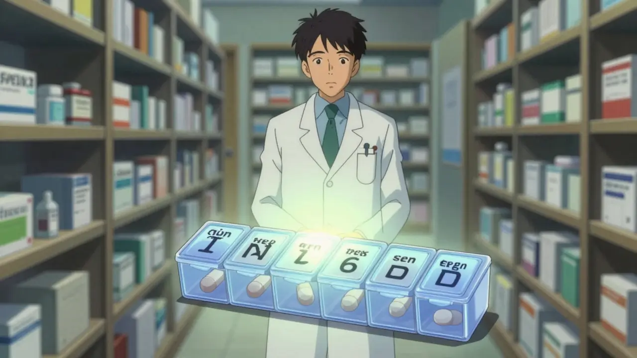 Glowing pill organizer with pharmacist in background.