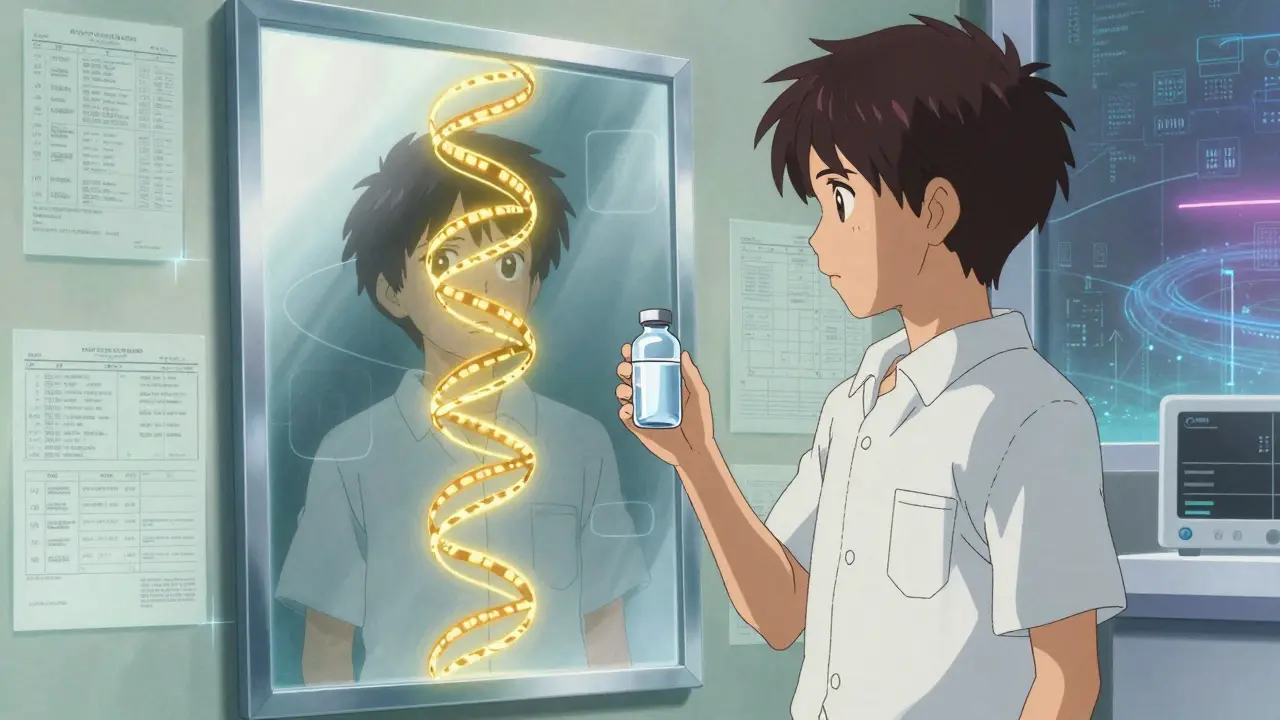 Patient facing mirror showing DNA spiral with vial