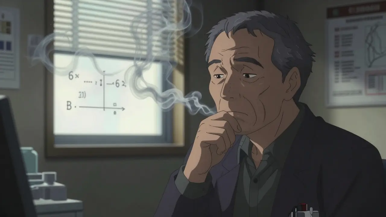 Person surrounded by smoke forming numbers and years