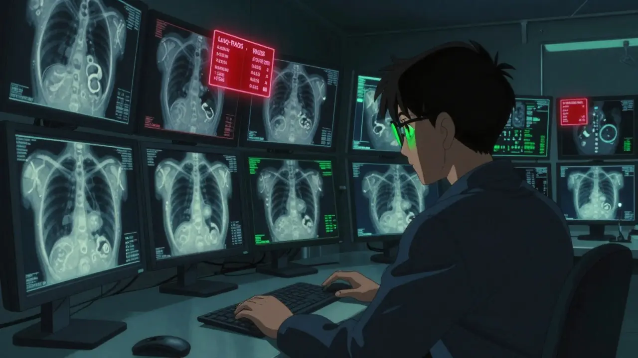 Radiologist reviewing medical scans with glowing data overlays