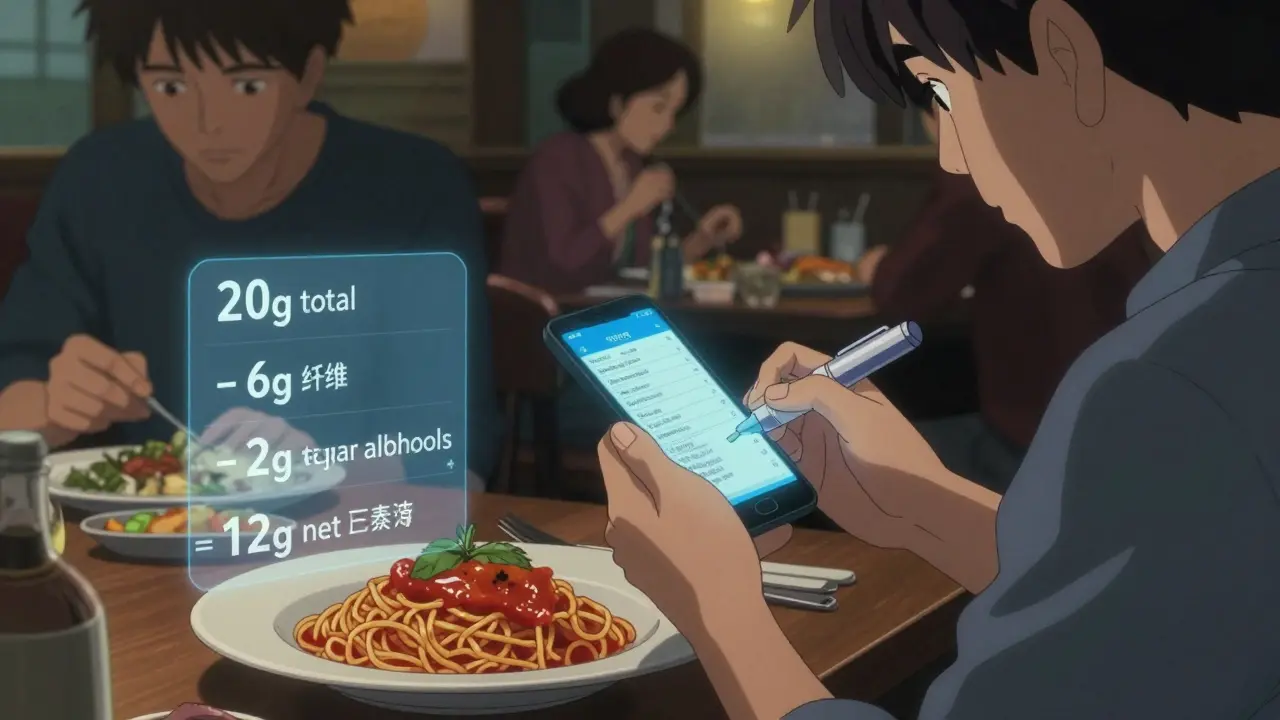 Someone calculating net carbs from a nutrition label at a restaurant, adjusting insulin with calm focus.