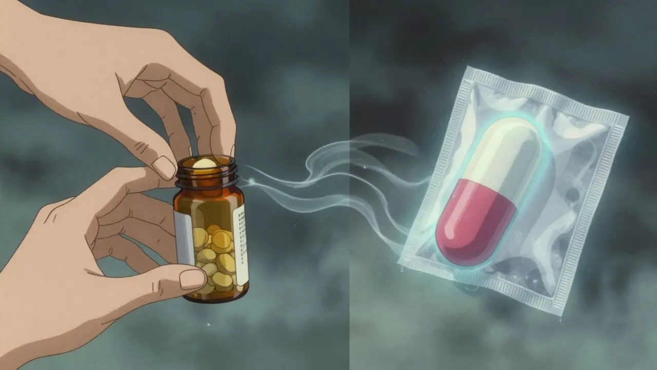 Split scene: cheap pill bottle vs. protected capsule with glowing desiccant packet.