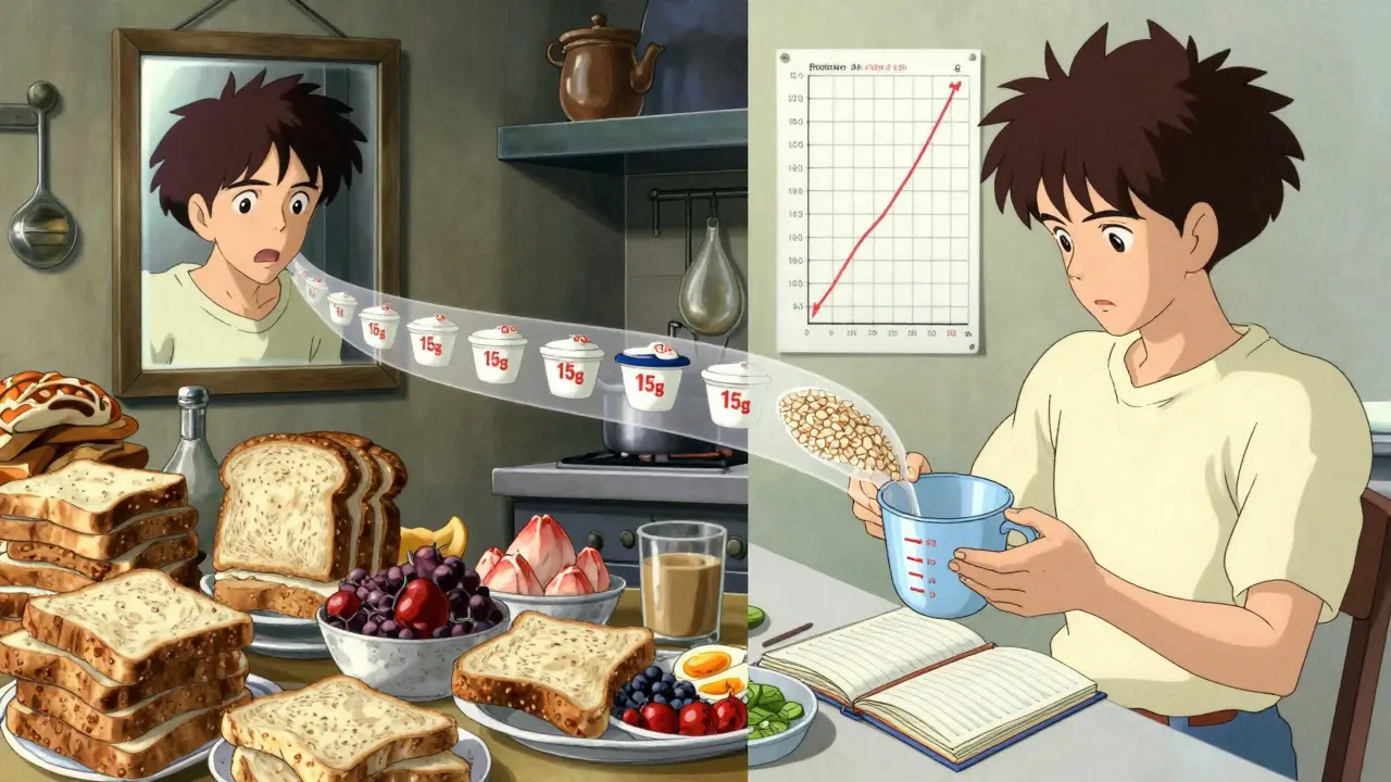 Split scene showing transformation from chaotic eating to precise carb counting with visual pathways of 15g portions.