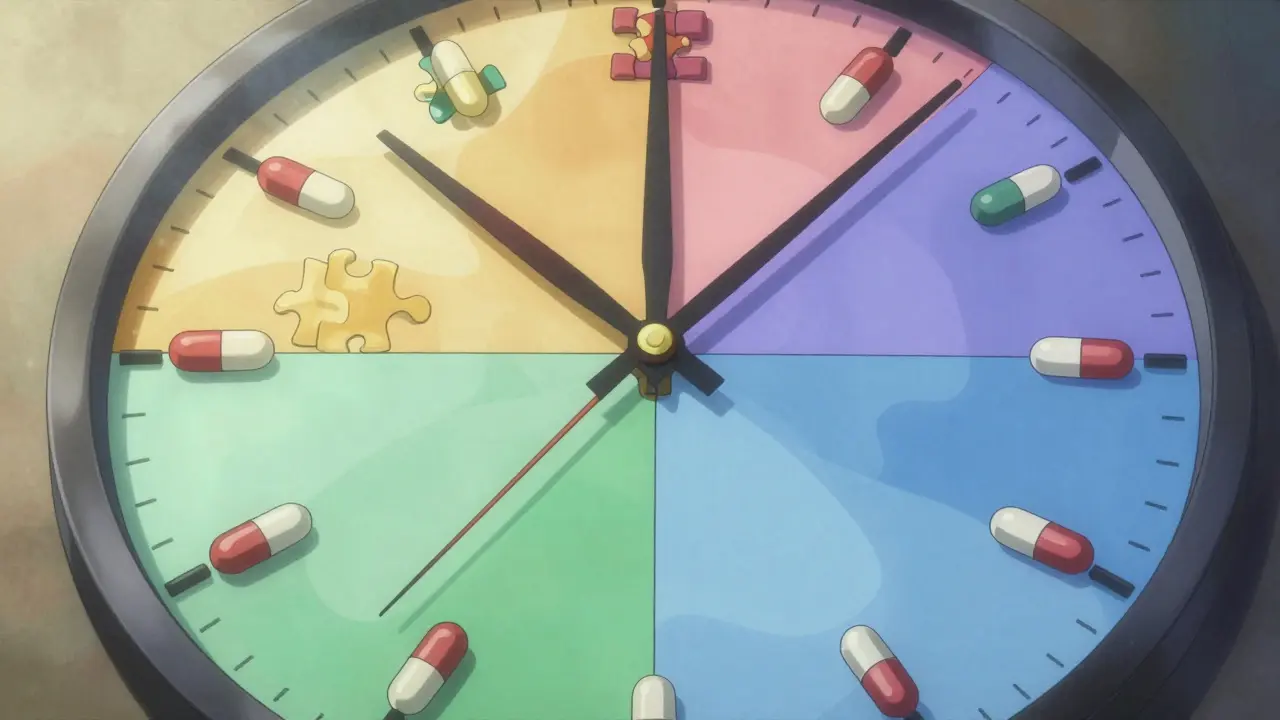 Surreal clock face organizing pills into time zones.