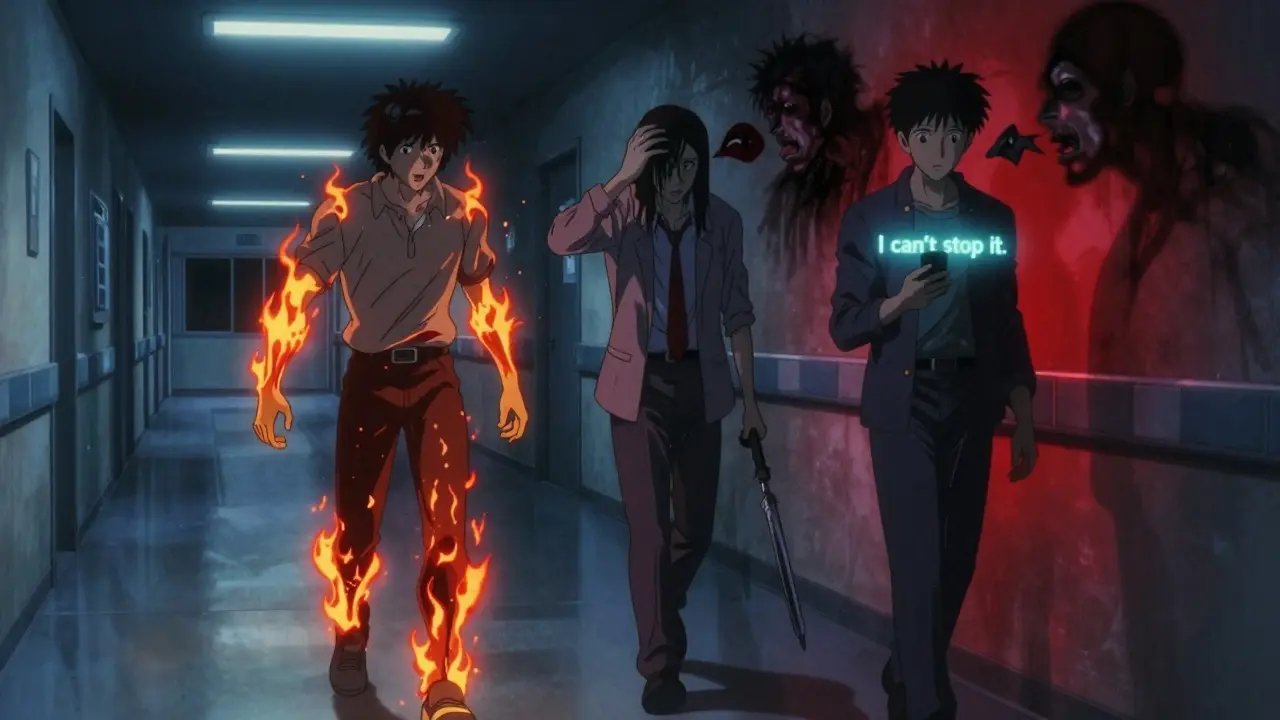 Three patients in a hospital hallway, each visually representing different medication-induced warning signs with surreal shadows.