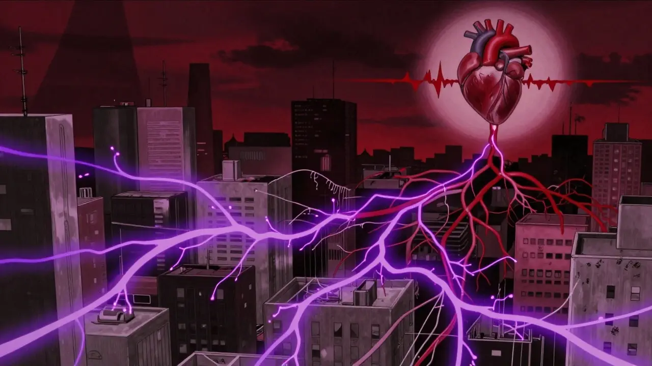 Urban nerves network mapping heart rhythm in dark tones