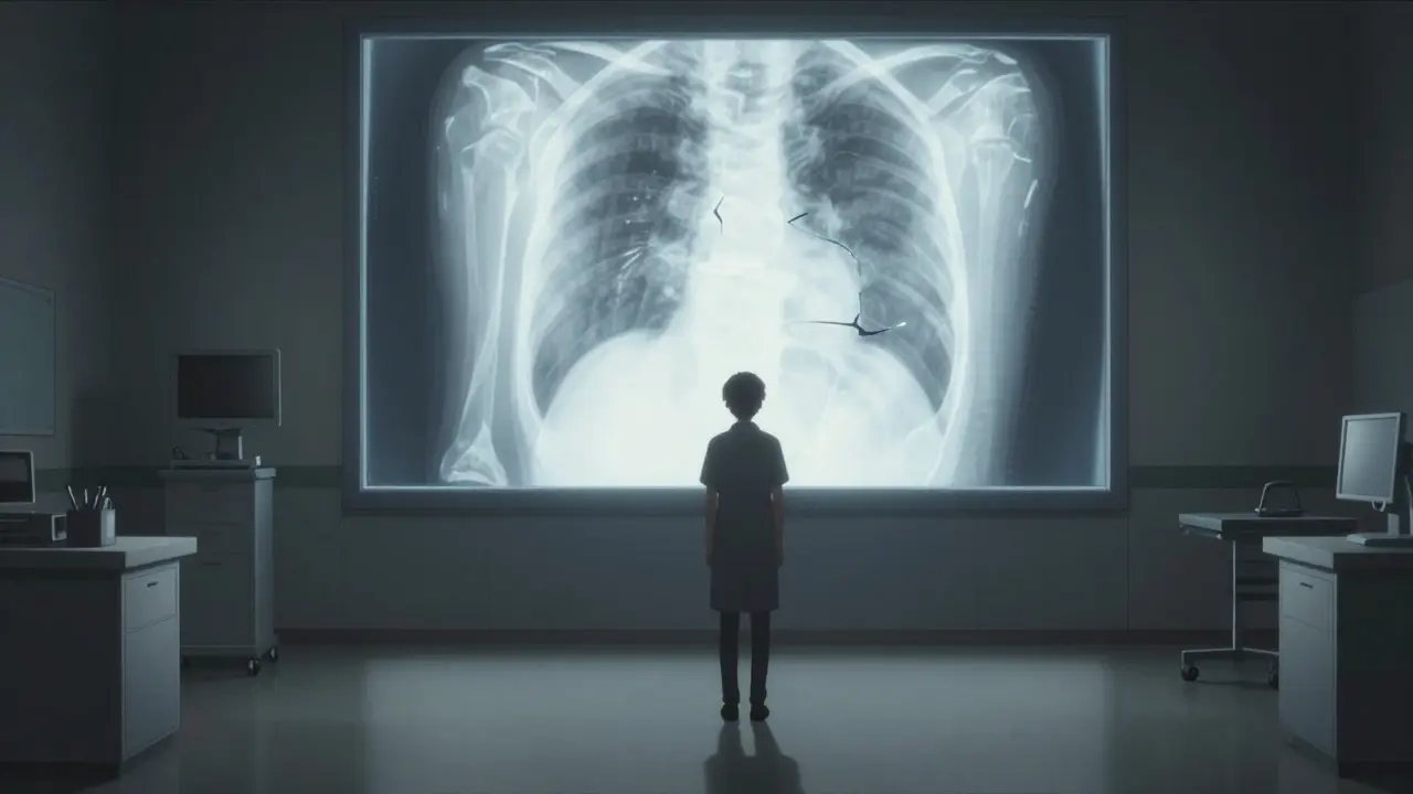 A patient in a clinical office with a large X-ray showing joint degeneration