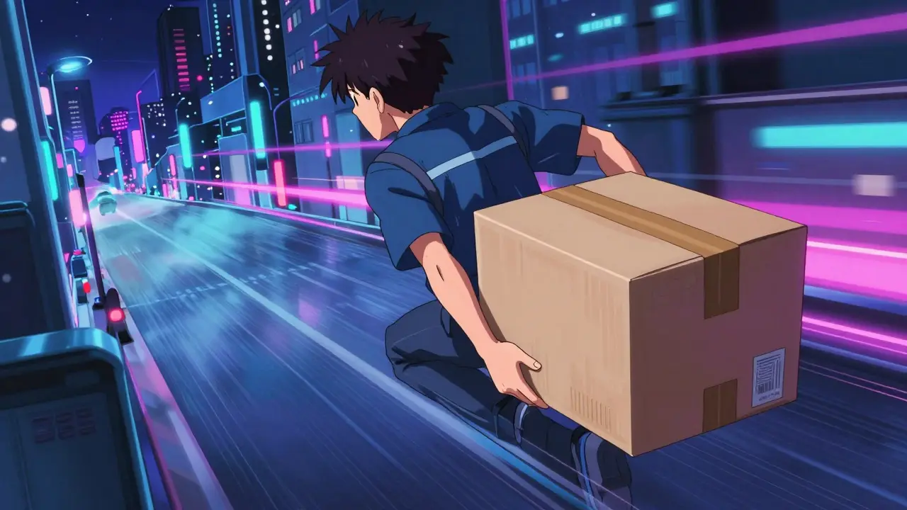 A stylized package being delivered rapidly through a neon-lit city landscape.