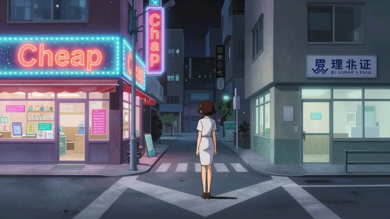 A woman choosing between a suspicious discount shop and a certified professional pharmacy.