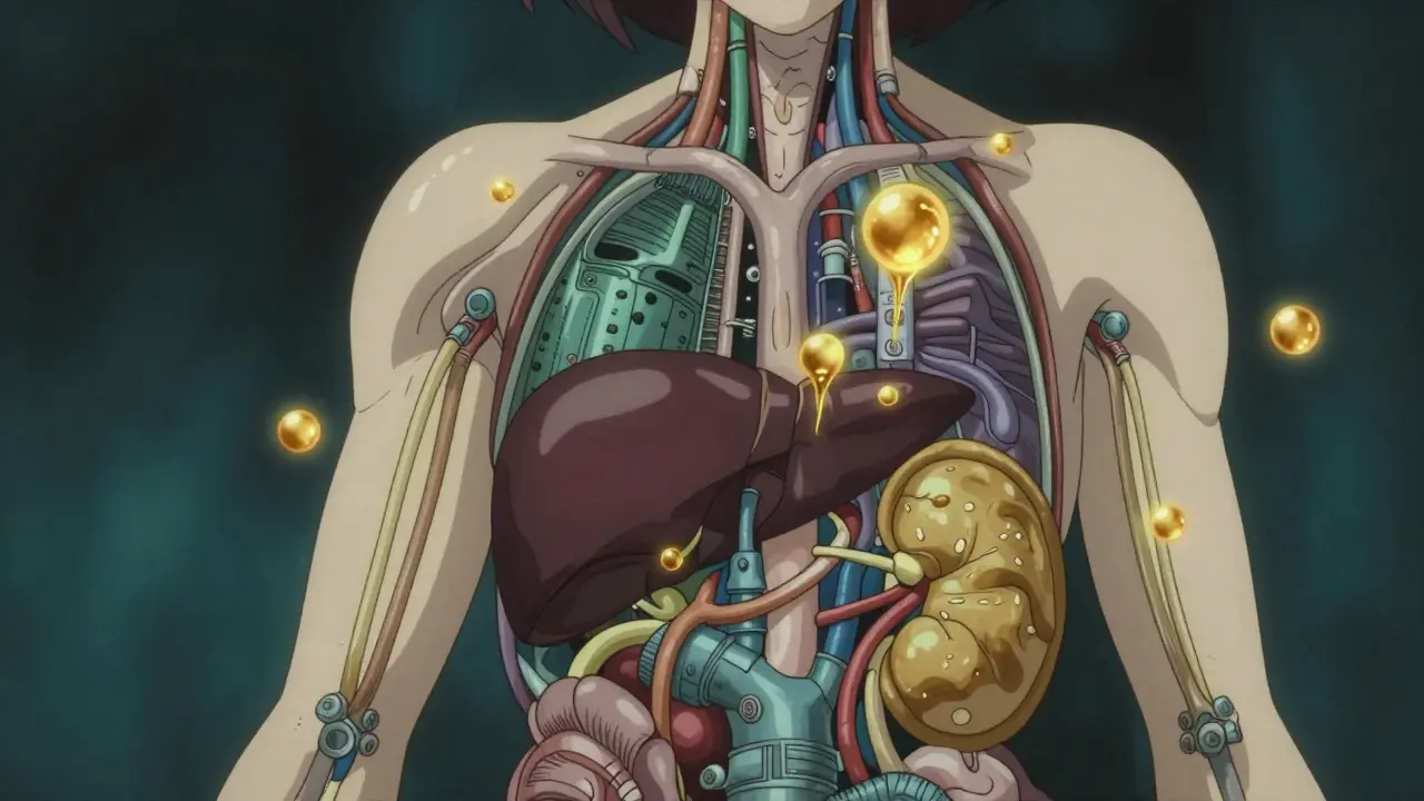 Abstract anime depiction of medication particles moving slowly through a woman's liver and kidney systems.