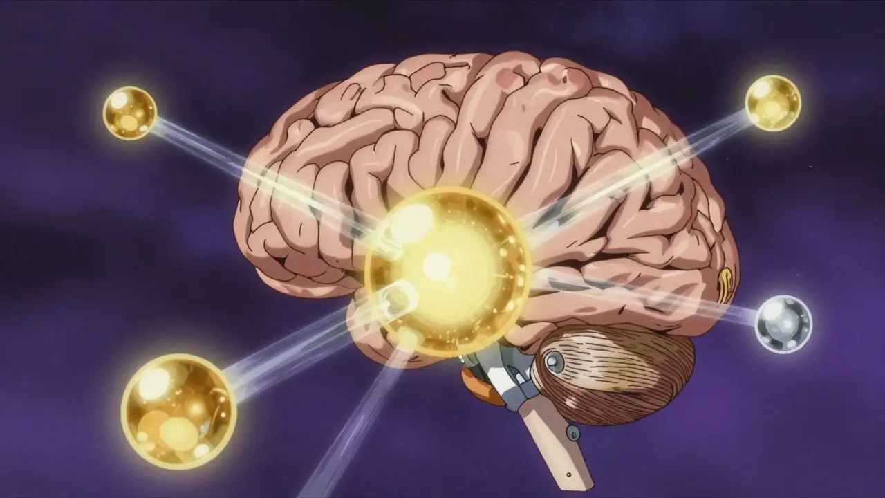 Abstract representation of neurotransmitters flowing in a surreal landscape, anime style.