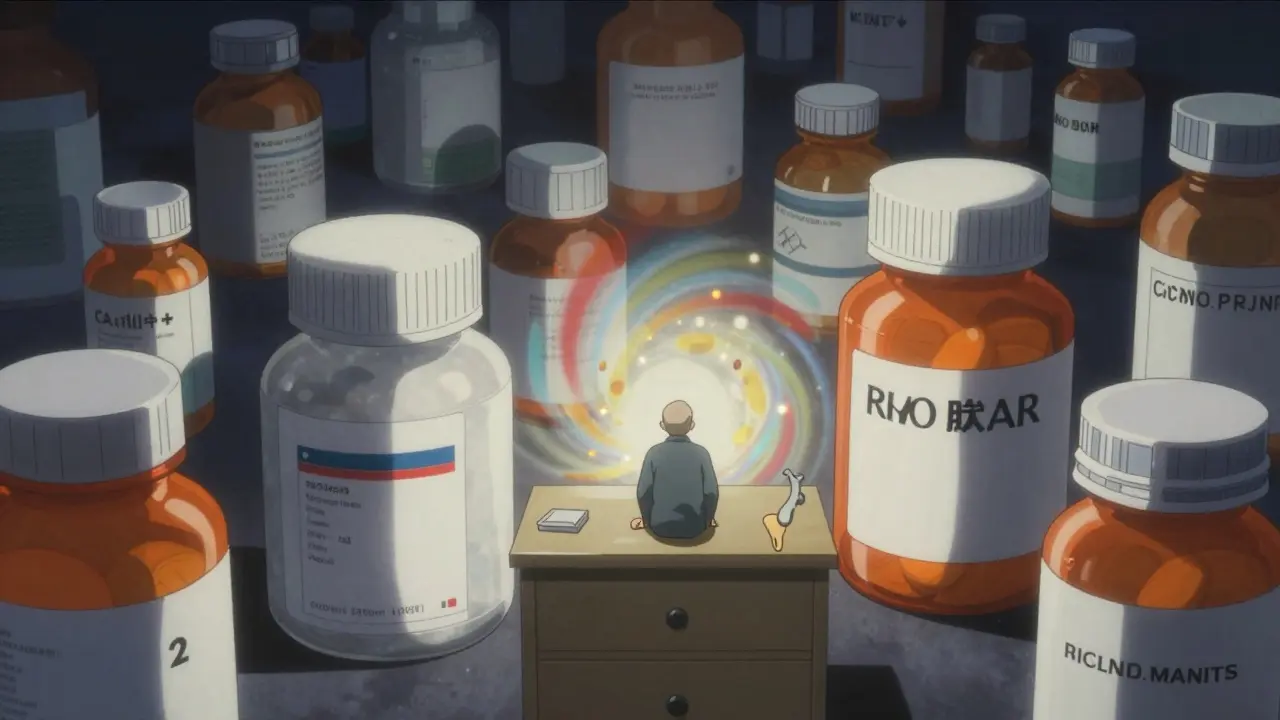 An elderly person overwhelmed by a towering landscape of oversized medication bottles.