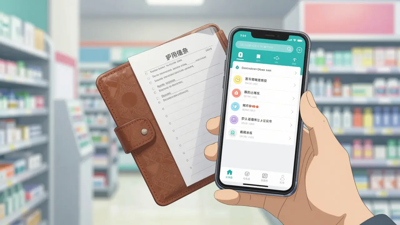 Anime art of a smartphone app and a paper list in a wallet at a modern pharmacy.