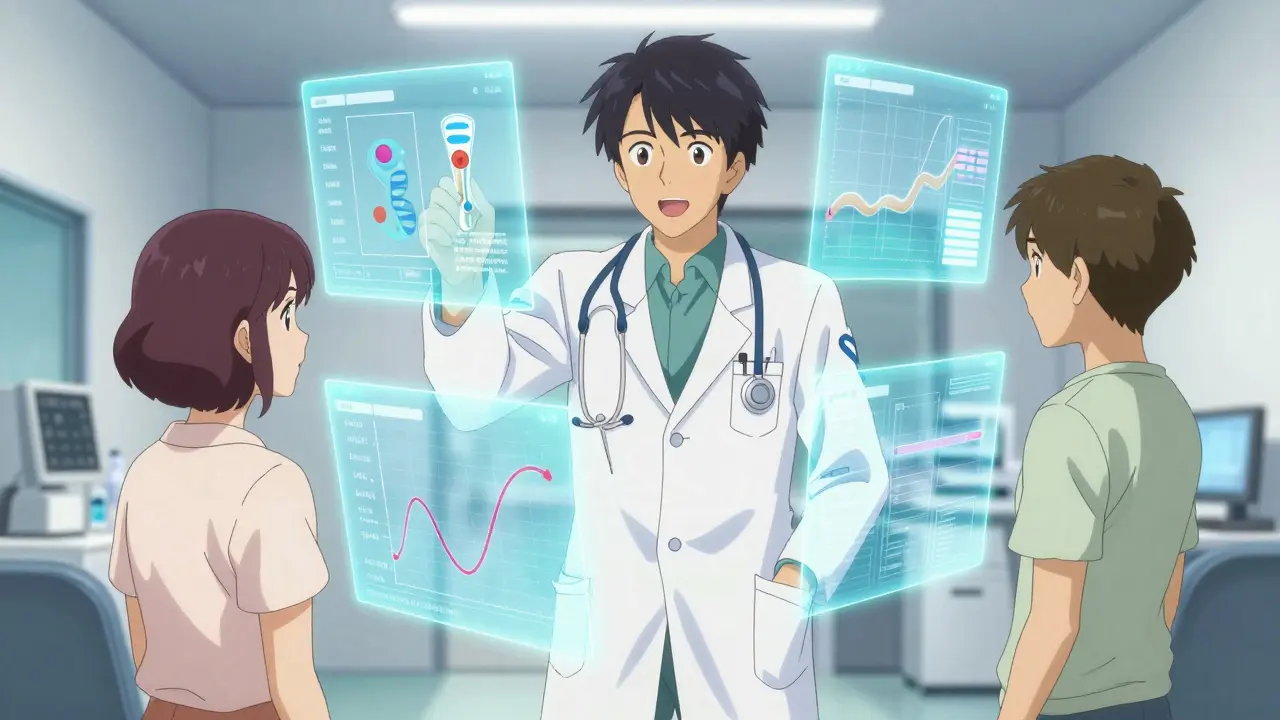 Anime scene of a doctor and patient using holographic precision dosing data for personalized medicine.