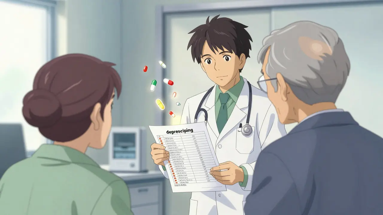 Anime style scene of a doctor and senior reviewing a medication list to improve safety.