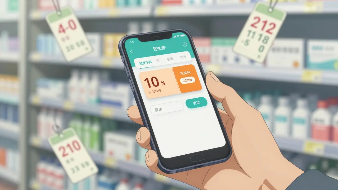 Close-up of a hand using a smartphone to find a medication discount coupon.