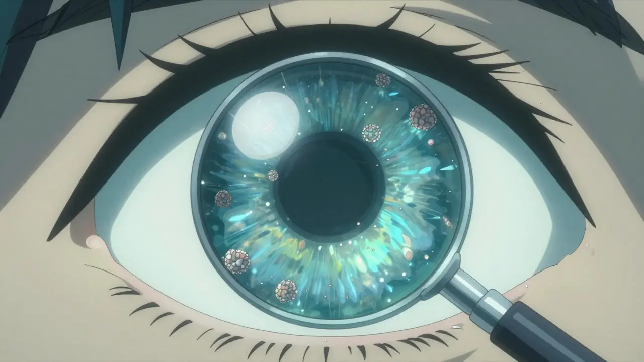 Detailed anatomical anime view of an eye with a clear lens and floating collagen clumps