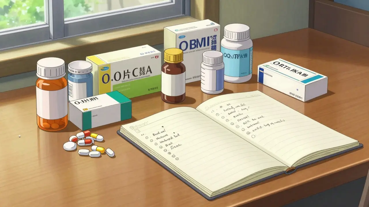 Detailed anime illustration of medicine bottles and a handwritten medication list on a table.