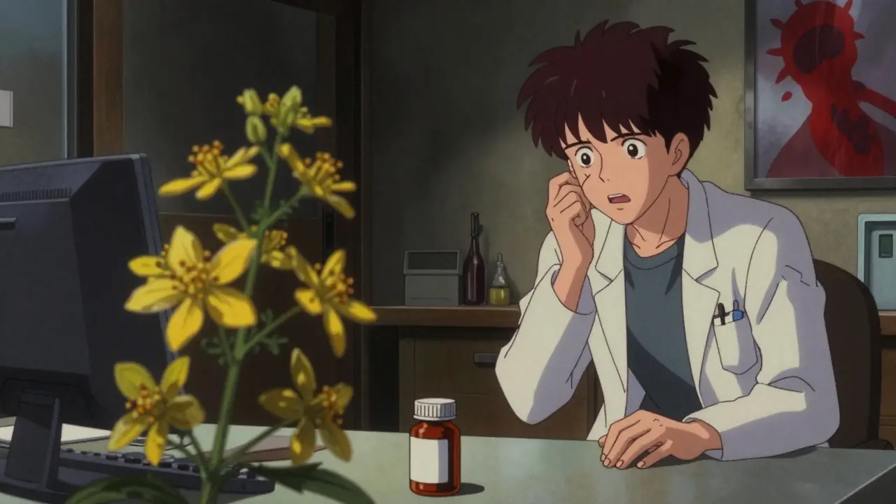 Distorted anime office scene with a patient and a ghostly shadow of a St. John's Wort plant.