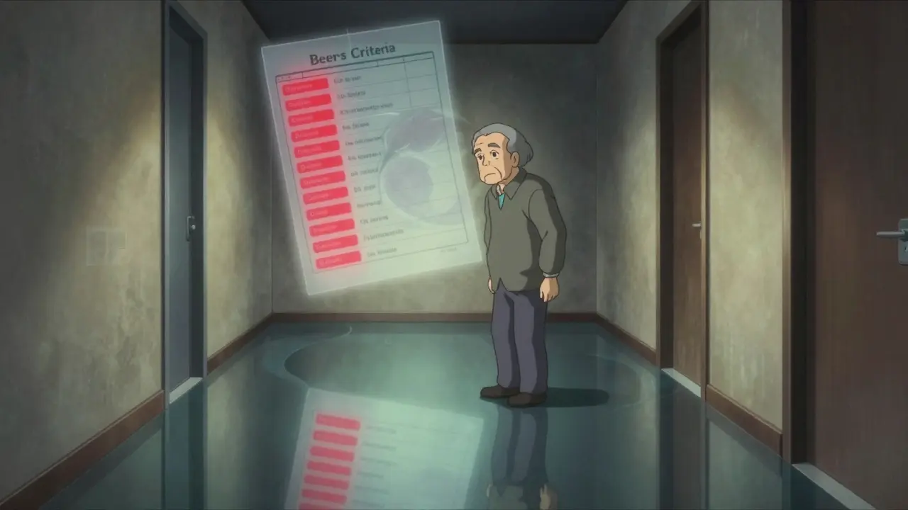 Elderly person experiencing dizziness and confusion in a distorted, surreal anime hallway.