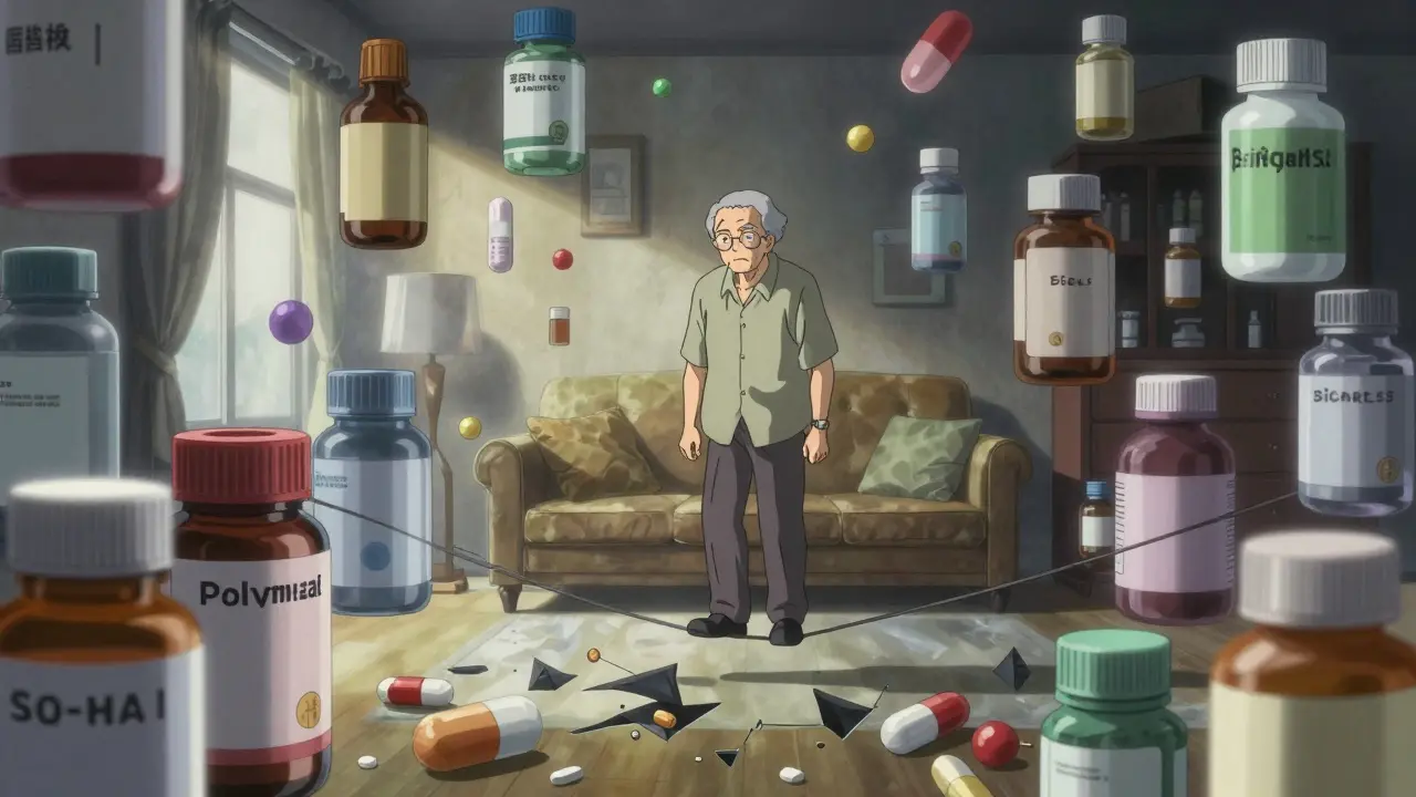 Manga style conceptual art of a senior surrounded by a dizzying kaleidoscope of medication bottles.