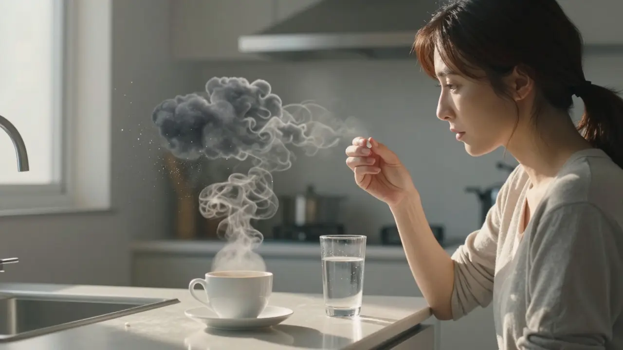 Morning kitchen scene showing coffee steam blocking medicine absorption.