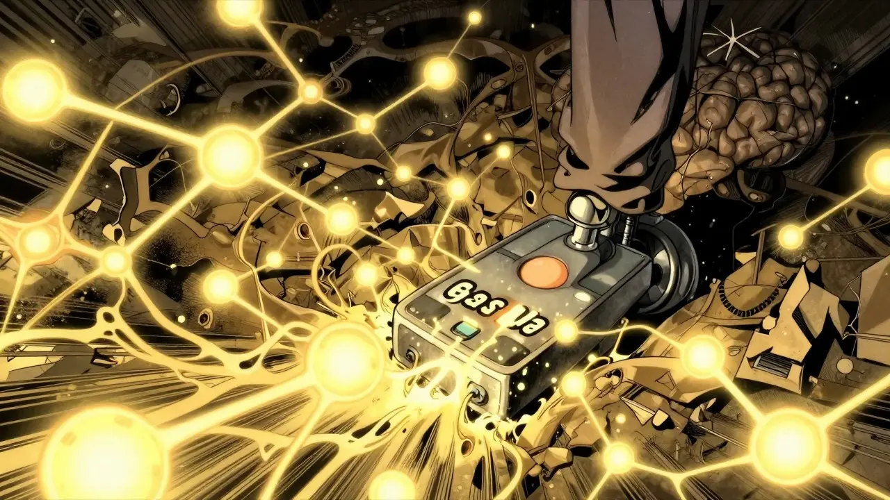 Surreal anime depiction of a brain flooded with glowing serotonin molecules and a giant gas pedal.