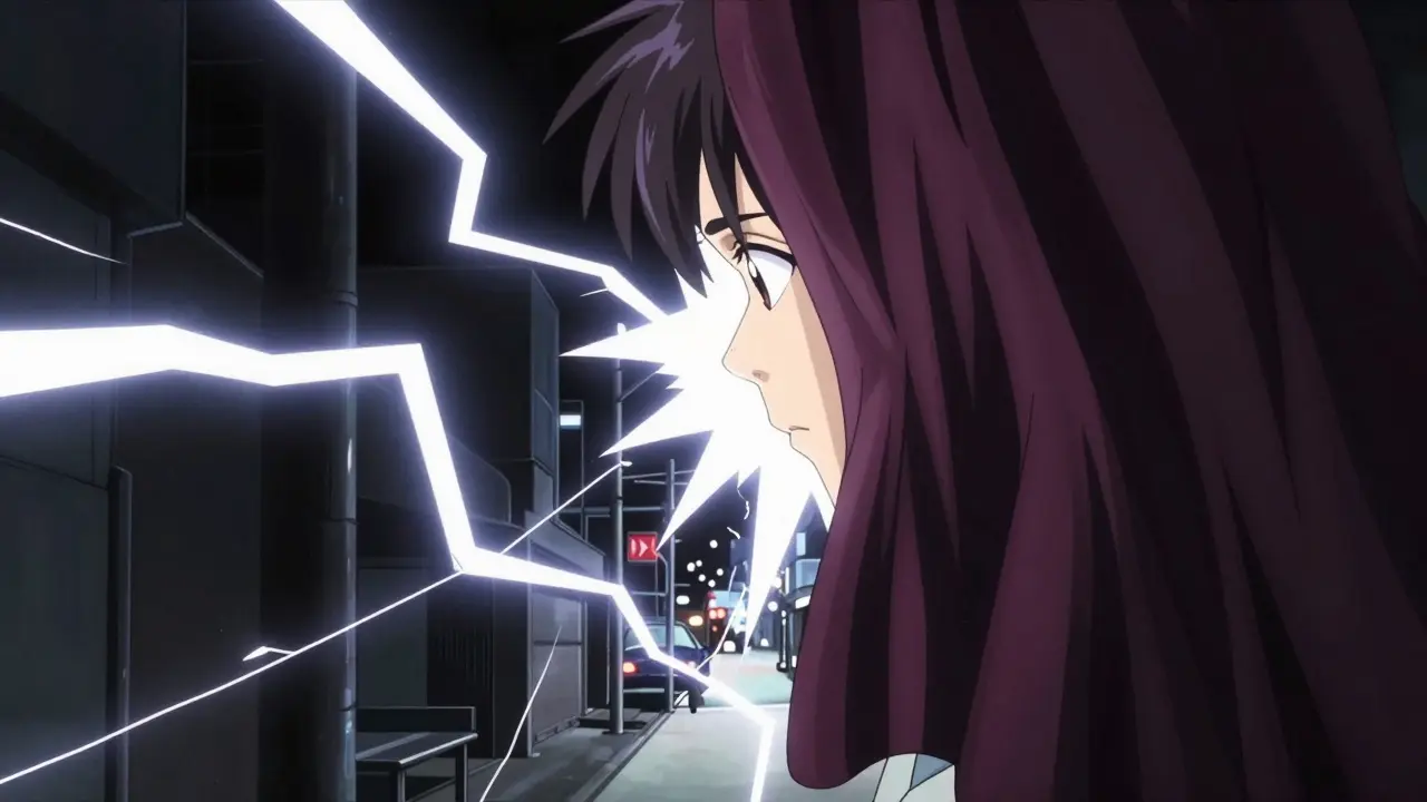 Surreal depiction of bright light flashes and a dark curtain obscuring a city view