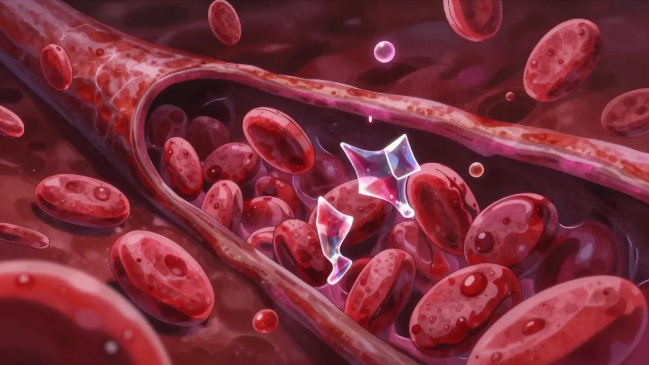 Surreal visualization of ajoene preventing blood platelets from clumping together in a vessel