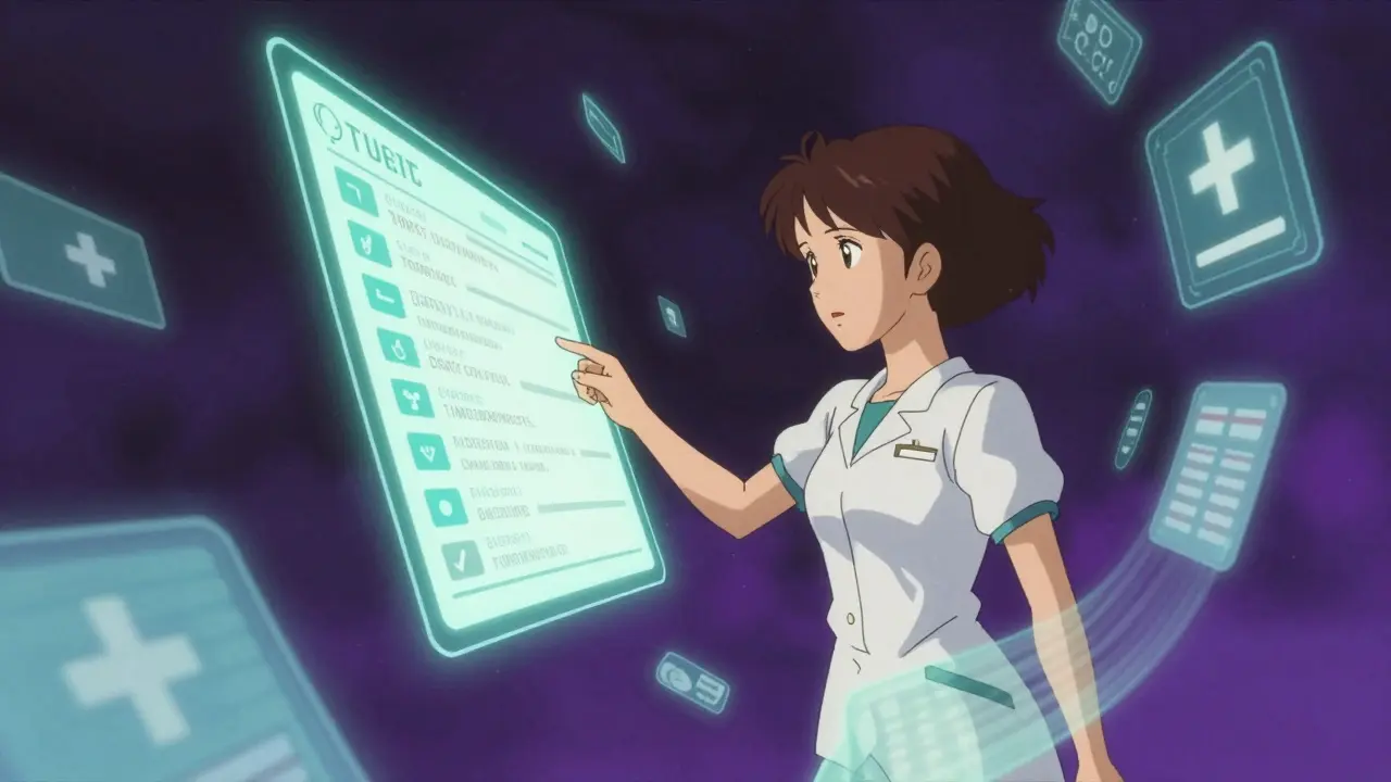 Woman completing a digital medical consultation for a prescription on a stylized interface.