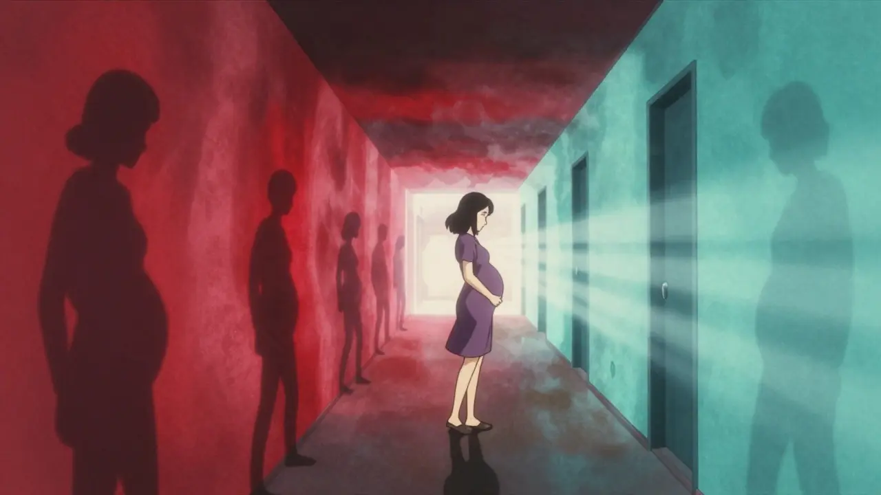 Woman walking corridor shifting colors representing pregnancy stability.