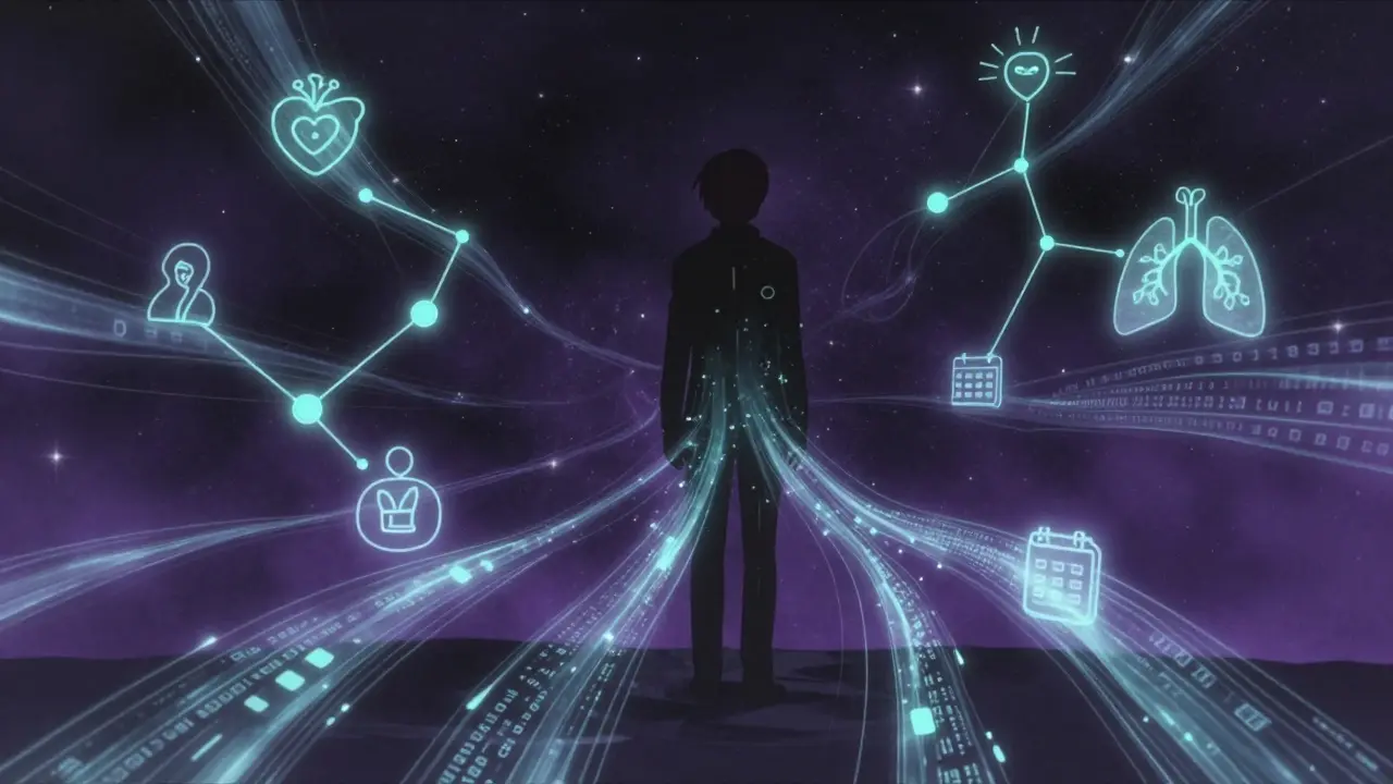 Abstract anime art depicting a person merged with flowing data streams in a starry void.