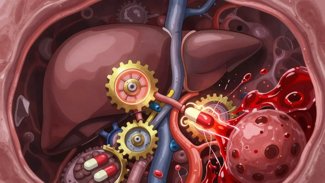 Abstract anime visualization of liver enzymes and drug interactions inside the body