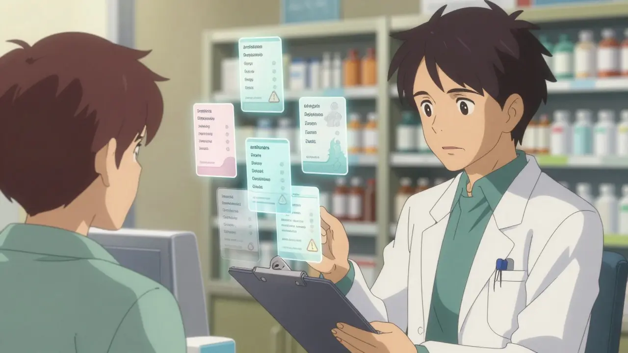 Anime doctor and pharmacist reviewing floating medication cards for safety