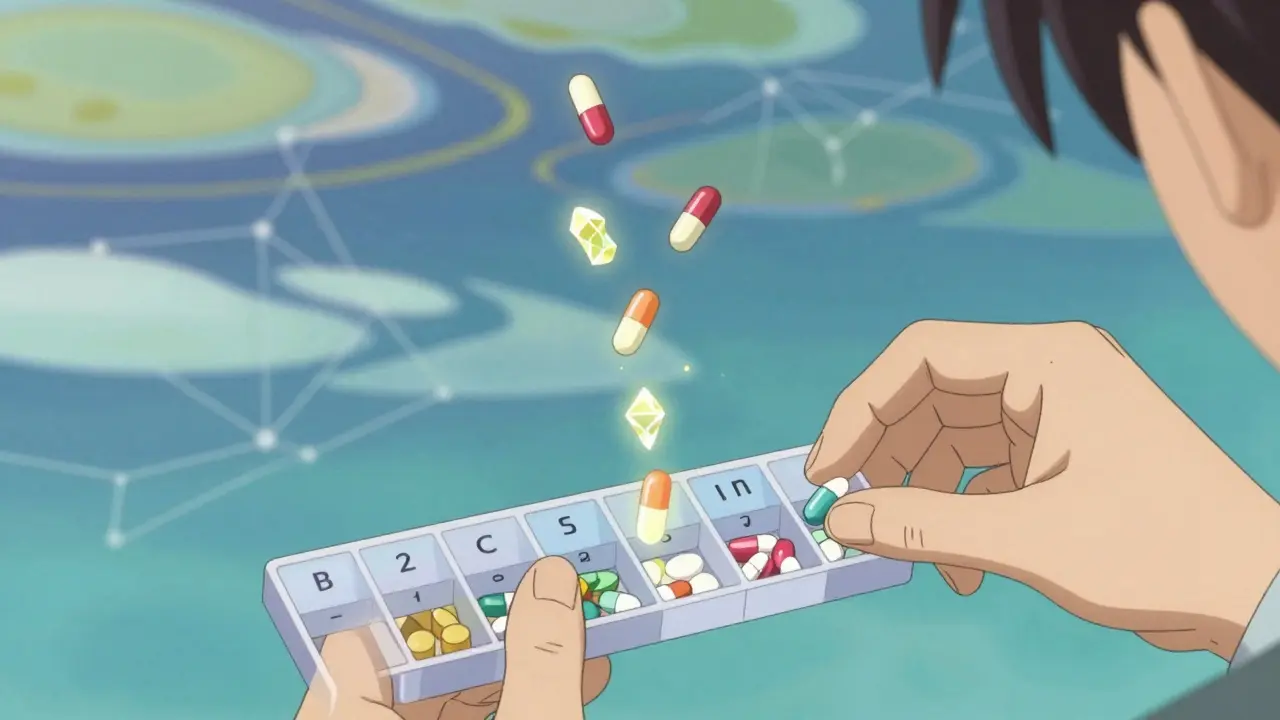 Artistic depiction of pill organization transforming into abstract light shapes.