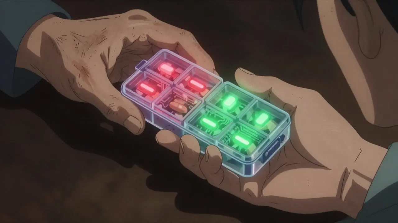 Close-up of hand holding glowing smart pillbox merging with skin