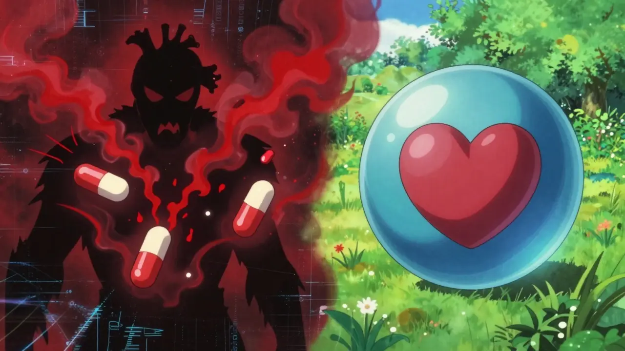 Contrasting safe and unsafe statins with HIV meds in a symbolic anime scene.