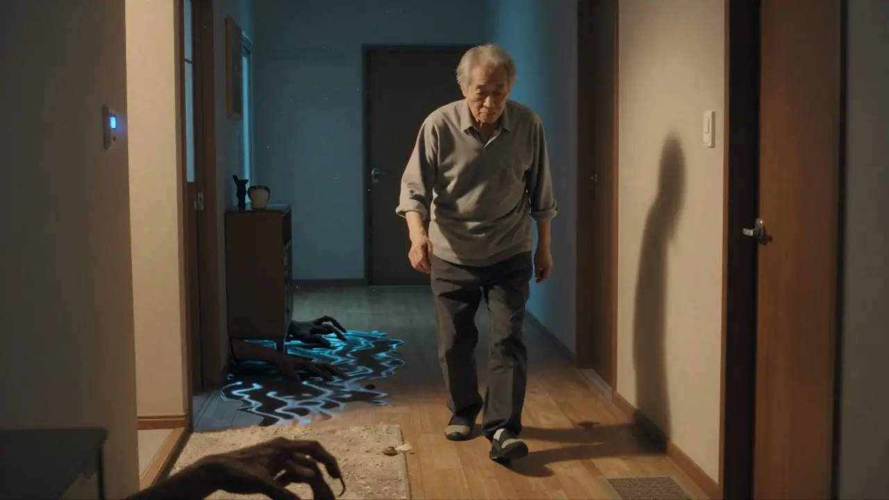 Elderly person walking carefully in a hallway where hazards look like surreal threats
