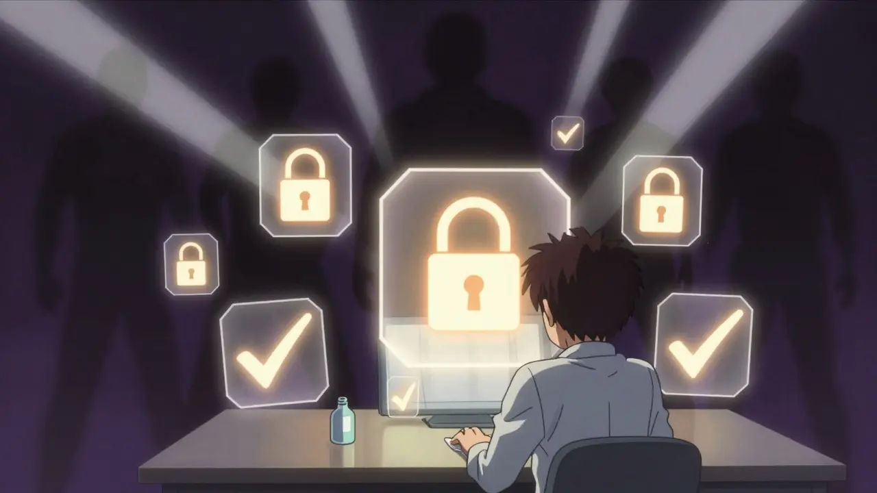 Floating security seals protecting against fake pharmacies in anime art
