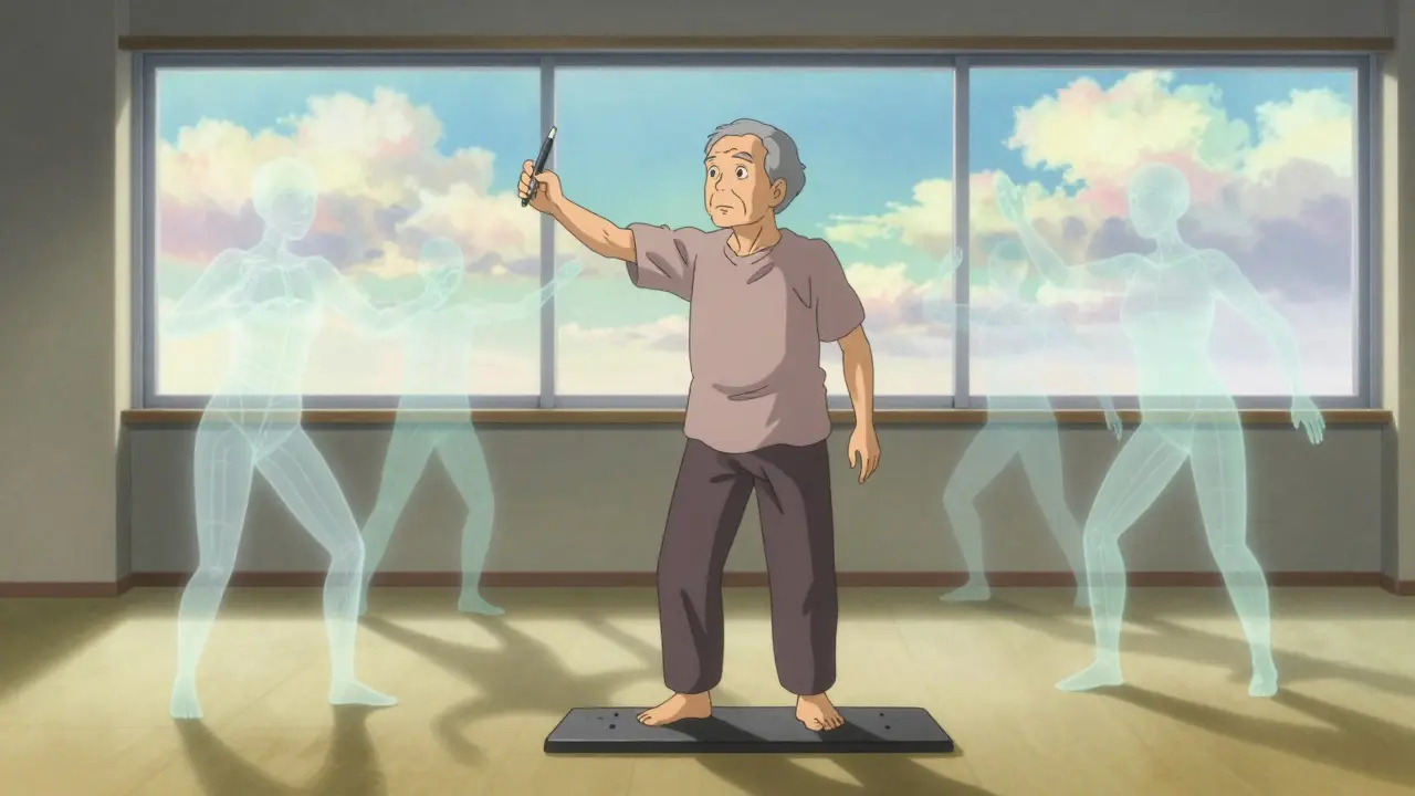 Patient doing gaze stability exercise with ghostly figures showing neural retraining